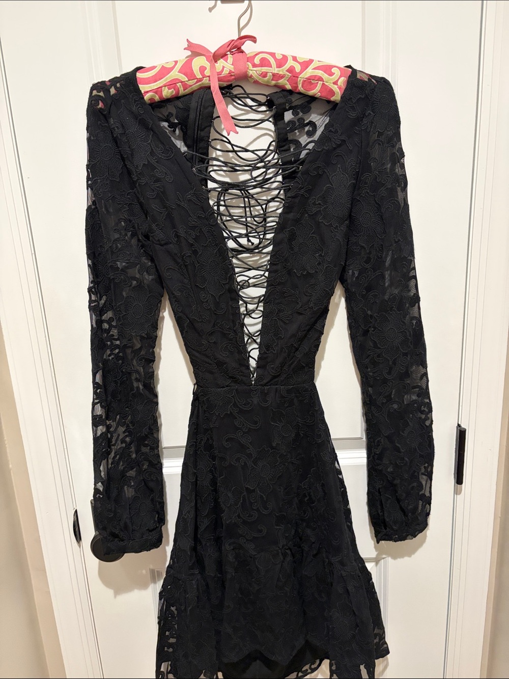 For Love & Lemons Black Lace Long Sleeve V-Back Dress